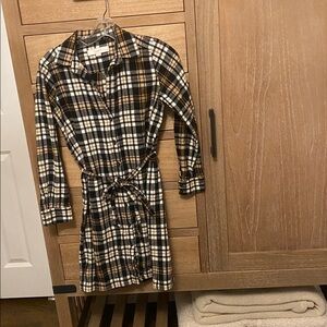 LOFT Petite Black and Tan Plaid Button Down Dress